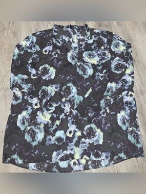 (Bin 27) Simply Vera Vera Wang Floral Blouse in Black with Teal & Purple, Size L